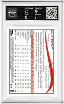 Mike Trout from the 2014 Topps Series 1 set featuring a Red Hot Foil parallel graded by Arena Club and given an overall grade of 9.5.