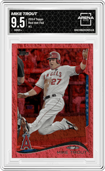 Mike Trout from the 2014 Topps Series 1 set featuring a Red Hot Foil parallel graded by Arena Club and given an overall grade of 9.5.