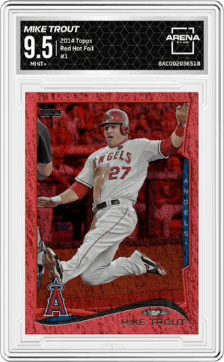 Mike Trout from the 2014 Topps Series 1 set featuring a Red Hot Foil parallel graded by Arena Club and given an overall grade of 9.5.