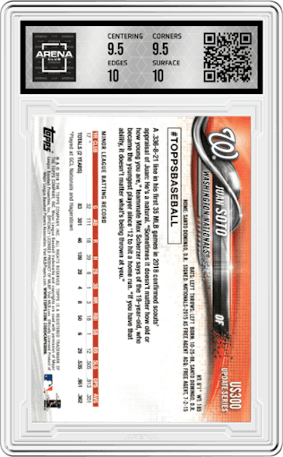 Juan Soto from the 2018 Topps Update set graded by Arena Club and given an overall grade of 10.