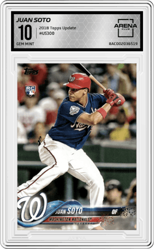 Juan Soto from the 2018 Topps Update set graded by Arena Club and given an overall grade of 10.