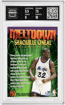 Shaquille O'Neal from the 1995-96 Skybox Premium set graded by Arena Club and given an overall grade of 6.
