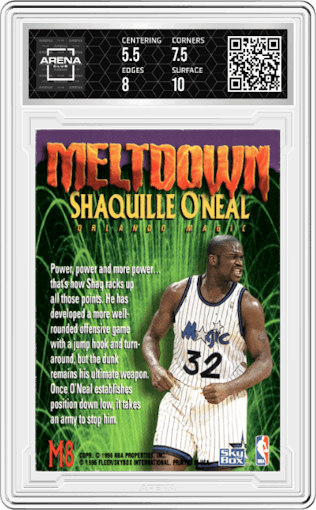 Shaquille O'Neal from the 1995-96 Skybox Premium set graded by Arena Club and given an overall grade of 6.