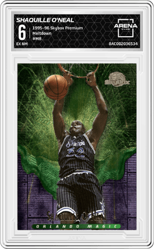 Shaquille O'Neal from the 1995-96 Skybox Premium set graded by Arena Club and given an overall grade of 6.