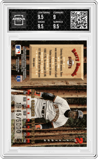 Barry Bonds from the 1995 Leaf Limited set graded by Arena Club and given an overall grade of 9.5.