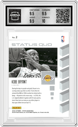 Kobe Bryant from the 2018-19 Panini Status set graded by Arena Club and given an overall grade of 10.