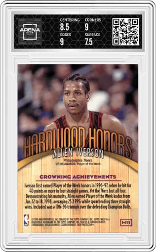 Allen Iverson from the 1998-99 Topps Finest set featuring a W/ Coating parallel graded by Arena Club and given an overall grade of 8.