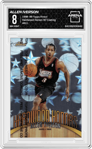Allen Iverson from the 1998-99 Topps Finest set featuring a W/ Coating parallel graded by Arena Club and given an overall grade of 8.