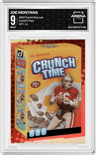 Joe Montana from the 2022 Panini Donruss set graded by Arena Club and given an overall grade of 9.