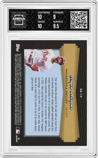 Bryce Harper from the 2022 Topps Update  set graded by Arena Club and given an overall grade of 9.5.