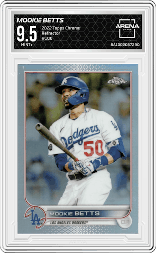 Mookie Betts from the 2022 Topps Chrome set featuring a Refractor parallel graded by Arena Club and given an overall grade of 9.5.
