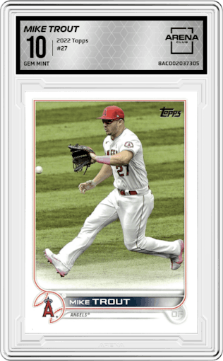 Mike Trout from the 2022 Topps  Series 1 set graded by Arena Club and given an overall grade of 10.