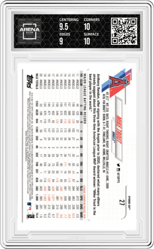 Mike Trout from the 2021 Topps Opening Day set graded by Arena Club and given an overall grade of 9.5.