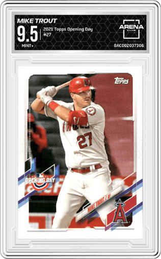Mike Trout from the 2021 Topps Opening Day set graded by Arena Club and given an overall grade of 9.5.