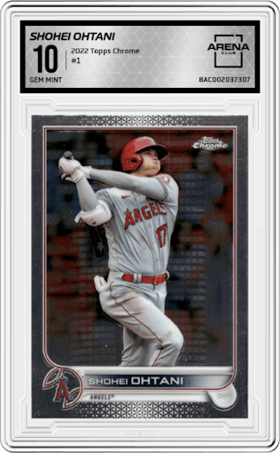 Shohei Ohtani from the 2022 Topps Chrome set graded by Arena Club and given an overall grade of 10.