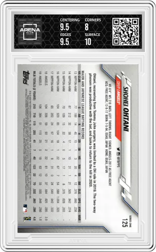 Shohei Ohtani from the 2020 Topps Series 1 set featuring a Purple parallel graded by Arena Club and given an overall grade of 8.5.