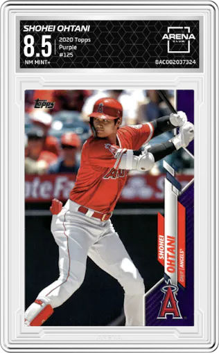 Shohei Ohtani from the 2020 Topps Series 1 set featuring a Purple parallel graded by Arena Club and given an overall grade of 8.5.