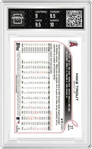 Mike Trout from the 2022 Topps  Series 1 set graded by Arena Club and given an overall grade of 9.5.