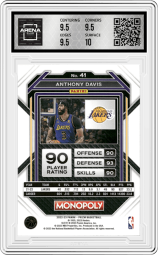 Anthony Davis from the 2022-23 Panini Prizm Monopoly set graded by Arena Club and given an overall grade of 10.