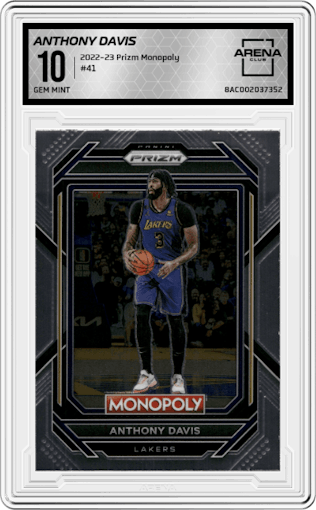 Anthony Davis from the 2022-23 Panini Prizm Monopoly set graded by Arena Club and given an overall grade of 10.