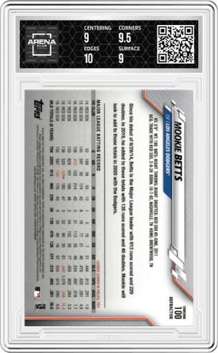 Mookie Betts from the 2020 Topps Chrome set featuring a Refractor  parallel graded by Arena Club and given an overall grade of 9.5.