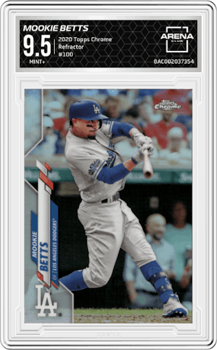 Mookie Betts from the 2020 Topps Chrome set featuring a Refractor  parallel graded by Arena Club and given an overall grade of 9.5.