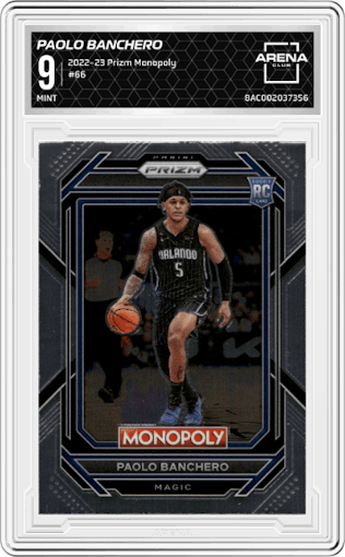 Paolo Banchero from the 2022-23 Panini Prizm Monopoly set graded by Arena Club and given an overall grade of 9.