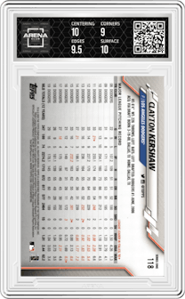 Clayton Kershaw from the 2020 Topps Series 1 set graded by Arena Club and given an overall grade of 9.5.