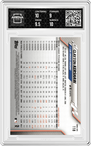 Clayton Kershaw from the 2020 Topps Series 1 set graded by Arena Club and given an overall grade of 9.5.