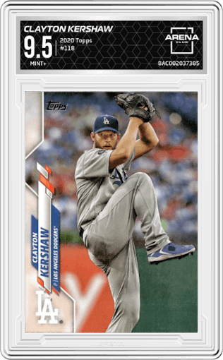 Clayton Kershaw from the 2020 Topps Series 1 set graded by Arena Club and given an overall grade of 9.5.