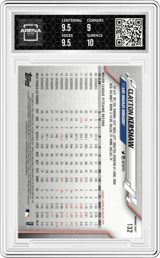 Clayton Kershaw from the 2020 Topps Opening Day set graded by Arena Club and given an overall grade of 9.5.