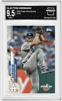 Clayton Kershaw from the 2020 Topps Opening Day set graded by Arena Club and given an overall grade of 9.5.