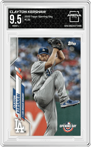 Clayton Kershaw from the 2020 Topps Opening Day set graded by Arena Club and given an overall grade of 9.5.