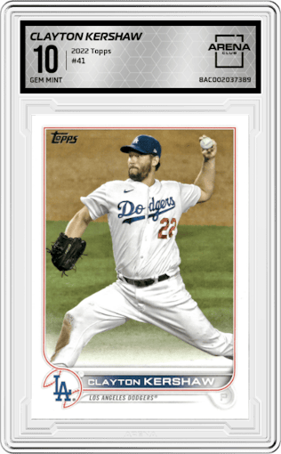 Clayton Kershaw from the 2022 Topps  Series 1 set graded by Arena Club and given an overall grade of 10.