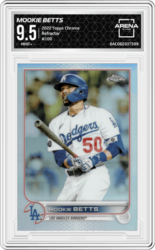 Mookie Betts from the 2022 Topps Chrome set featuring a Refractor parallel graded by Arena Club and given an overall grade of 9.5.