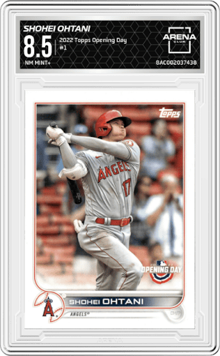 Shohei Ohtani from the 2022 Topps Opening Day set graded by Arena Club and given an overall grade of 8.5.