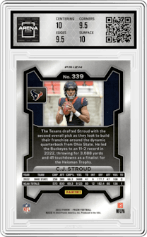 C.J. Stroud from the 2023 Panini Prizm set featuring a Red/White/Blue parallel graded by Arena Club and given an overall grade of 10.