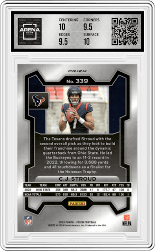 C.J. Stroud from the 2023 Panini Prizm set featuring a Red/White/Blue parallel graded by Arena Club and given an overall grade of 10.