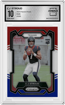 C.J. Stroud from the 2023 Panini Prizm set featuring a Red/White/Blue parallel graded by Arena Club and given an overall grade of 10.