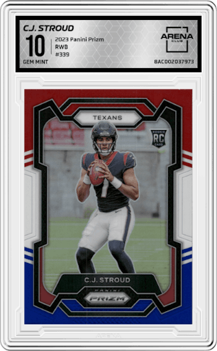 C.J. Stroud from the 2023 Panini Prizm set featuring a Red/White/Blue parallel graded by Arena Club and given an overall grade of 10.