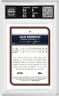 Julio Rodriguez from the 2023 Topps World Baseball Classic set featuring a Cracked Ice Foil parallel graded by Arena Club and given an overall grade of 9.5.