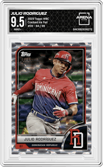 Julio Rodriguez from the 2023 Topps World Baseball Classic set featuring a Cracked Ice Foil parallel graded by Arena Club and given an overall grade of 9.5.