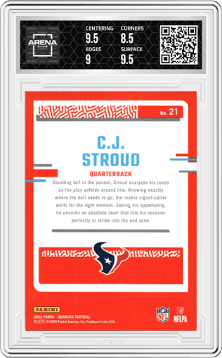 C.J. Stroud from the 2023 Panini Donruss set graded by Arena Club and given an overall grade of 9.