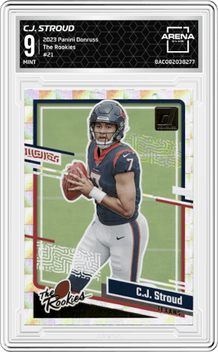 C.J. Stroud from the 2023 Panini Donruss set graded by Arena Club and given an overall grade of 9.