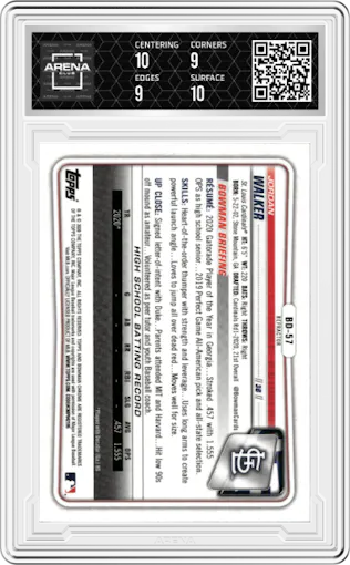 Jordan Walker from the 2020 Bowman Draft set featuring a Refractor parallel graded by Arena Club and given an overall grade of 9.5.