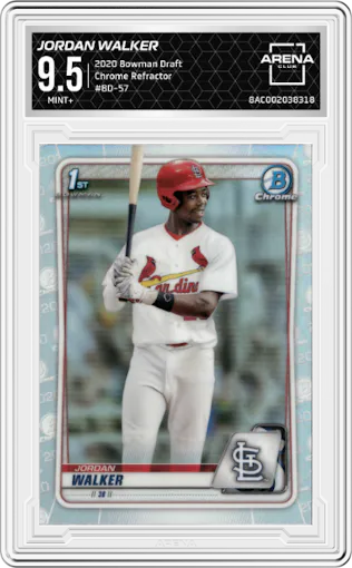 Jordan Walker from the 2020 Bowman Draft set featuring a Refractor parallel graded by Arena Club and given an overall grade of 9.5.
