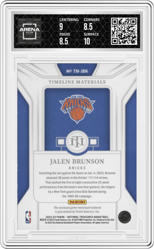 Jalen Brunson from the 2022-23 Panini National Treasures set featuring a Prime parallel graded by Arena Club and given an overall grade of 9.