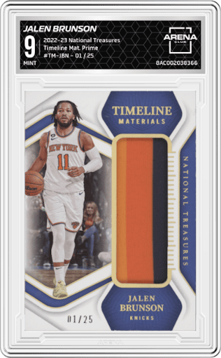 Jalen Brunson from the 2022-23 Panini National Treasures set featuring a Prime parallel graded by Arena Club and given an overall grade of 9.
