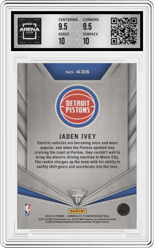 Jaden Ivey from the 2022-23 Panini Chronicles  set graded by Arena Club and given an overall grade of 10.