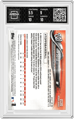 Juan Soto from the 2018 Topps Update set graded by Arena Club and given an overall grade of 9.5.